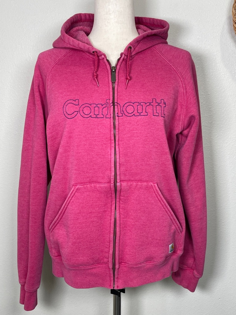 Women’s Carhartt Zip Up Sweatshirt Hoodie Pink Blue Stitching Large (12/14)